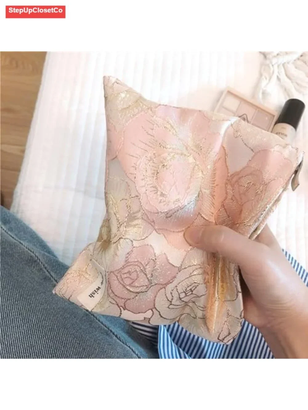 Small Floral Embroidered Makeup Bag for Purse, Canvas Cosmetic Pouch, Travel